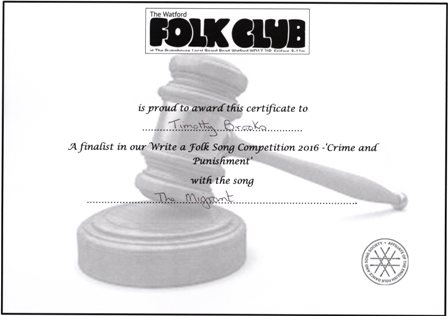 Watford Folk Club Competition certificate