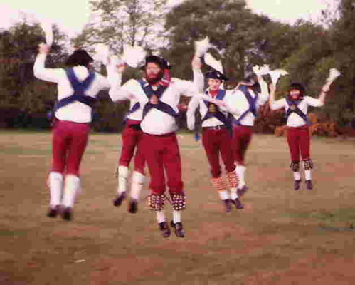 A Herga Morris set with their feet well off the ground. Taken at dawn on Stanmore Common, c1980
